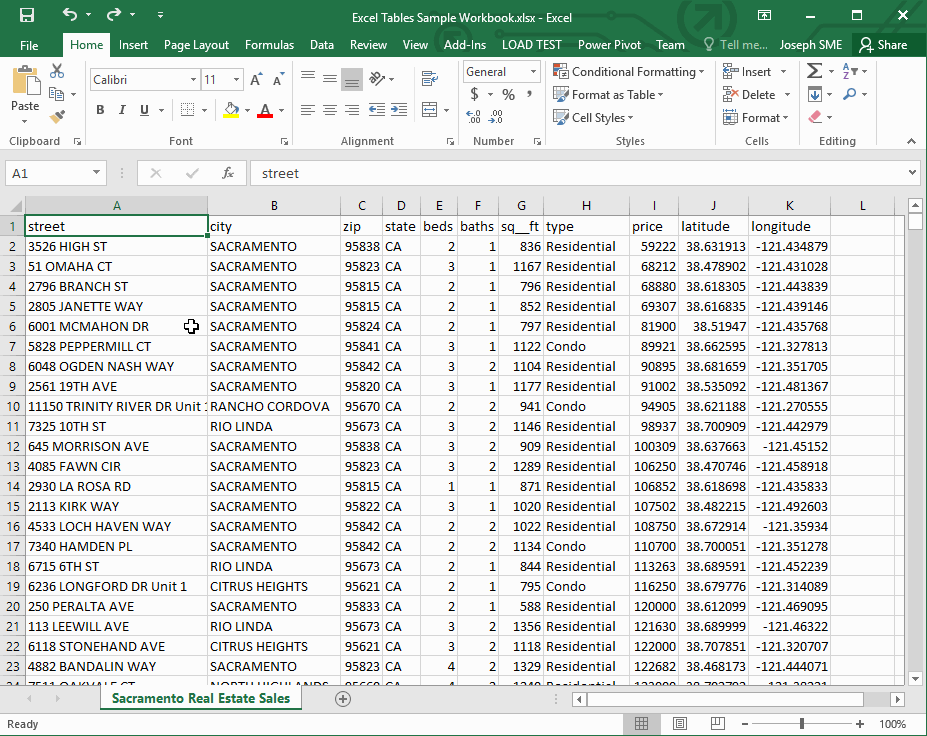 Excel Tables - Create the Table