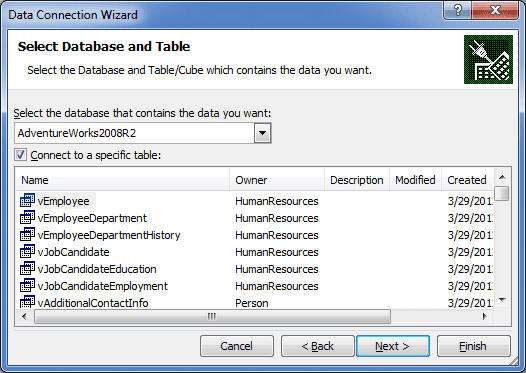 Select Database and Table Window