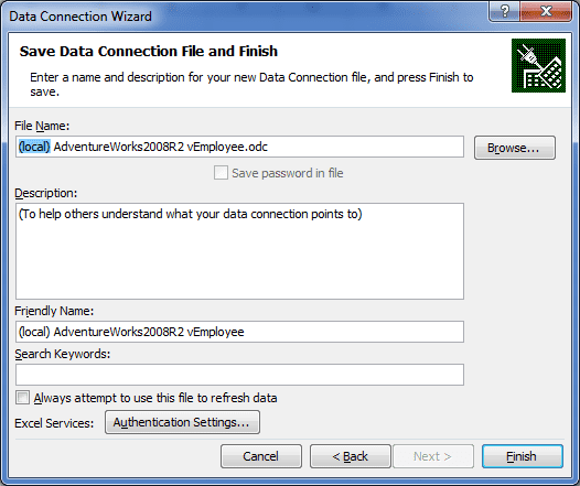 Save Data Connection File and Finish Window
