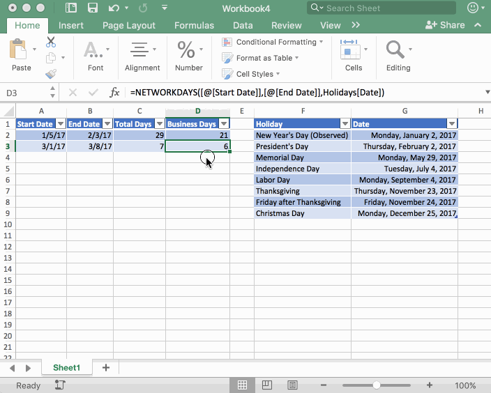 Calculate business days between two dates - business days minus 1