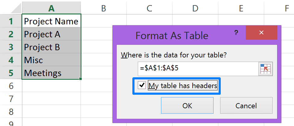 Project Names - Format as Table 2