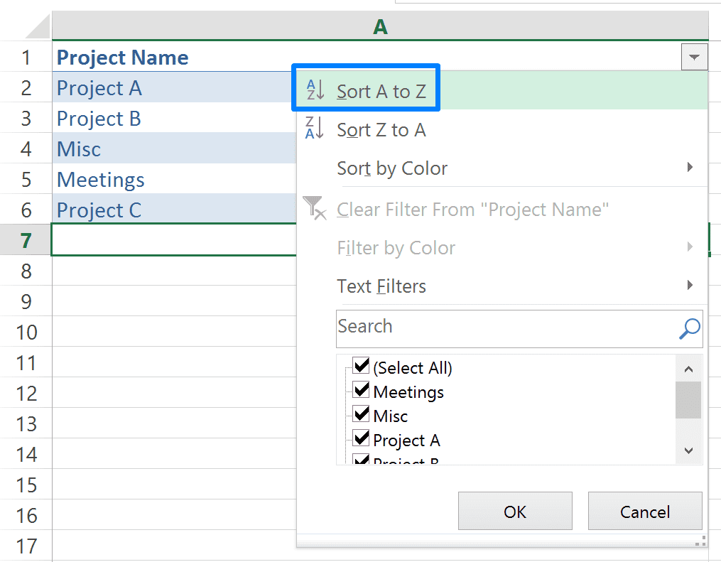 Project Names table - sort the list