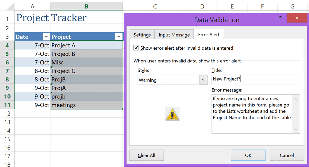 Data Validation - Allowing user to enter new data and show warning