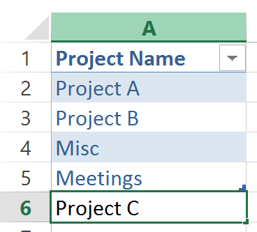 Add new project to Project Name table
