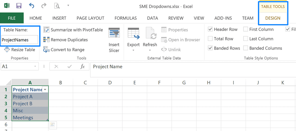 Project Names - Change Name of Table