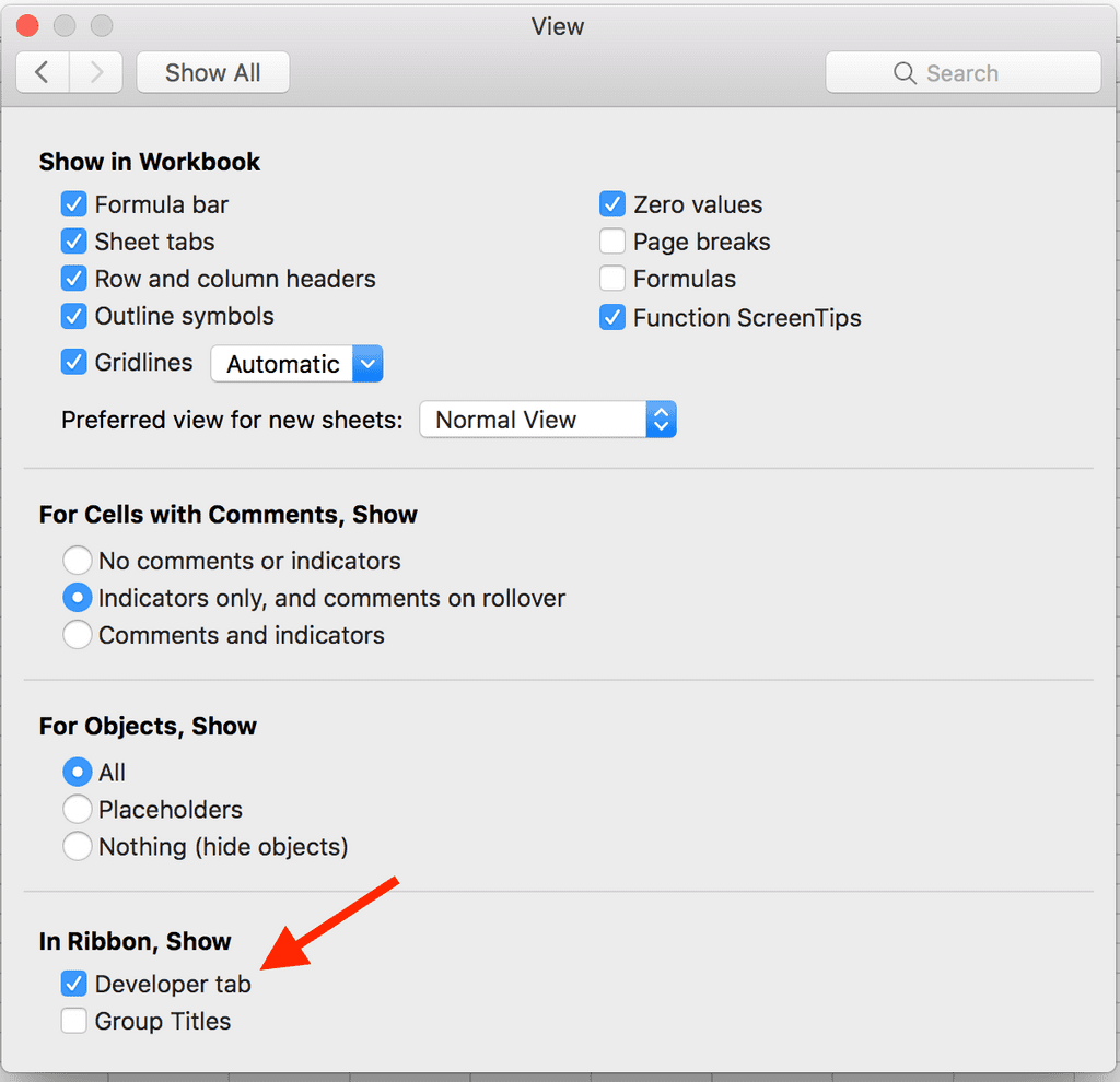 developer tab - mac - enable