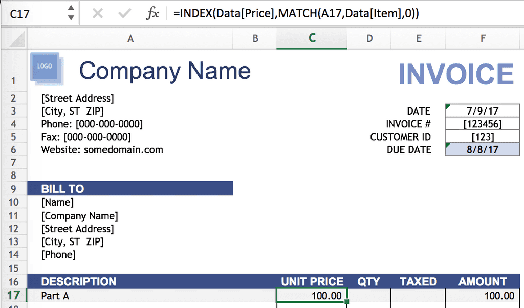 IFERROR - Invoice Template - Part Price Lookup